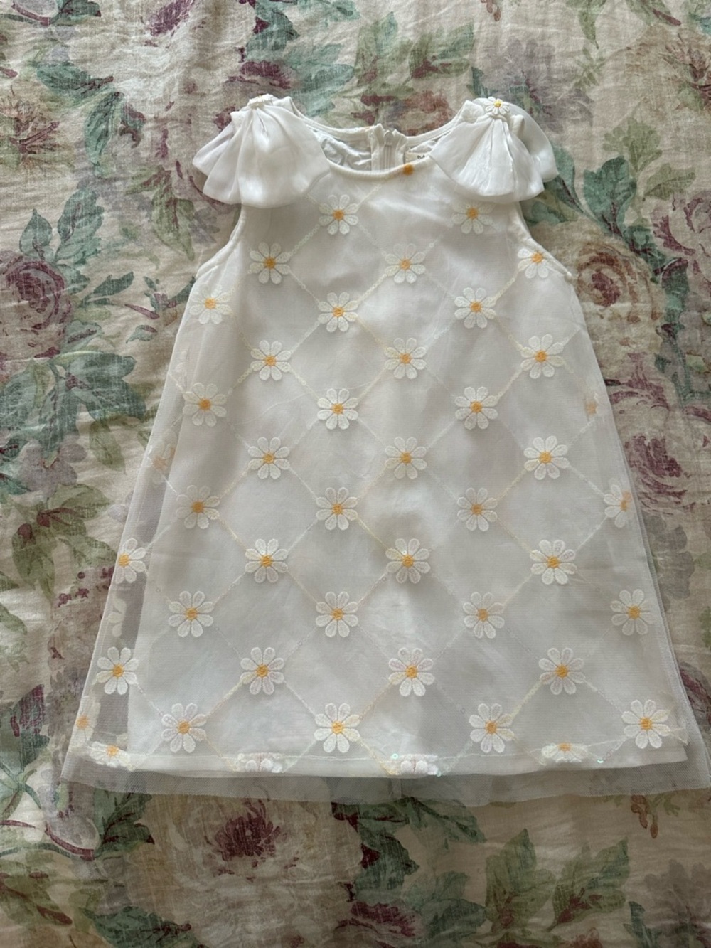 White Daisy Embroidered Mesh Dress for Girls by